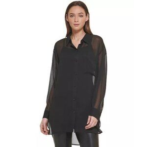 NWT DKNY WOMEN'S BUTTON-DOWN CHIFFON BLACK SHIRT XLARGE
